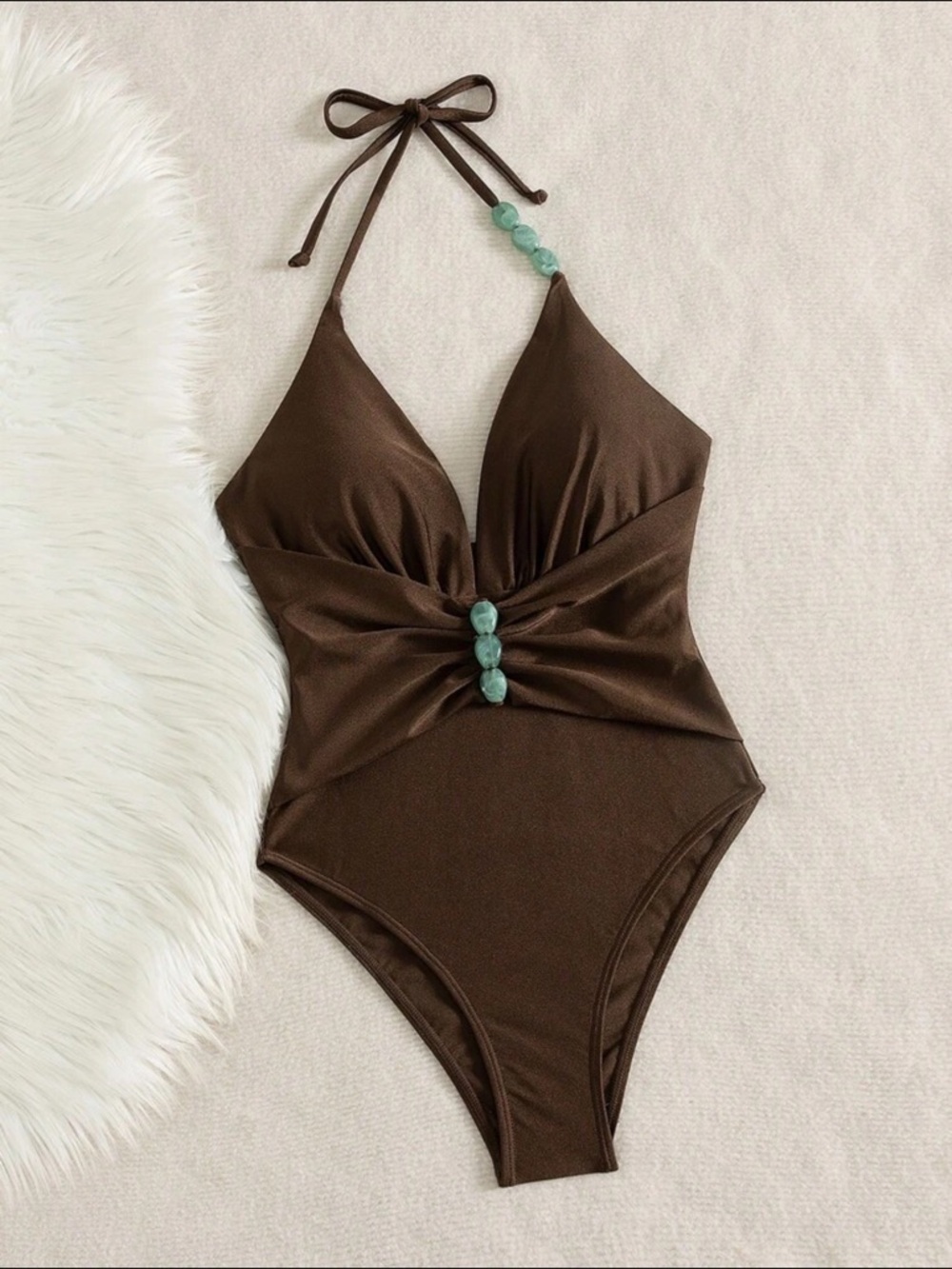 Swim Mod Women's Solid Color Beaded Halter One-Piece Swimsuit, - Picture 2 of 4